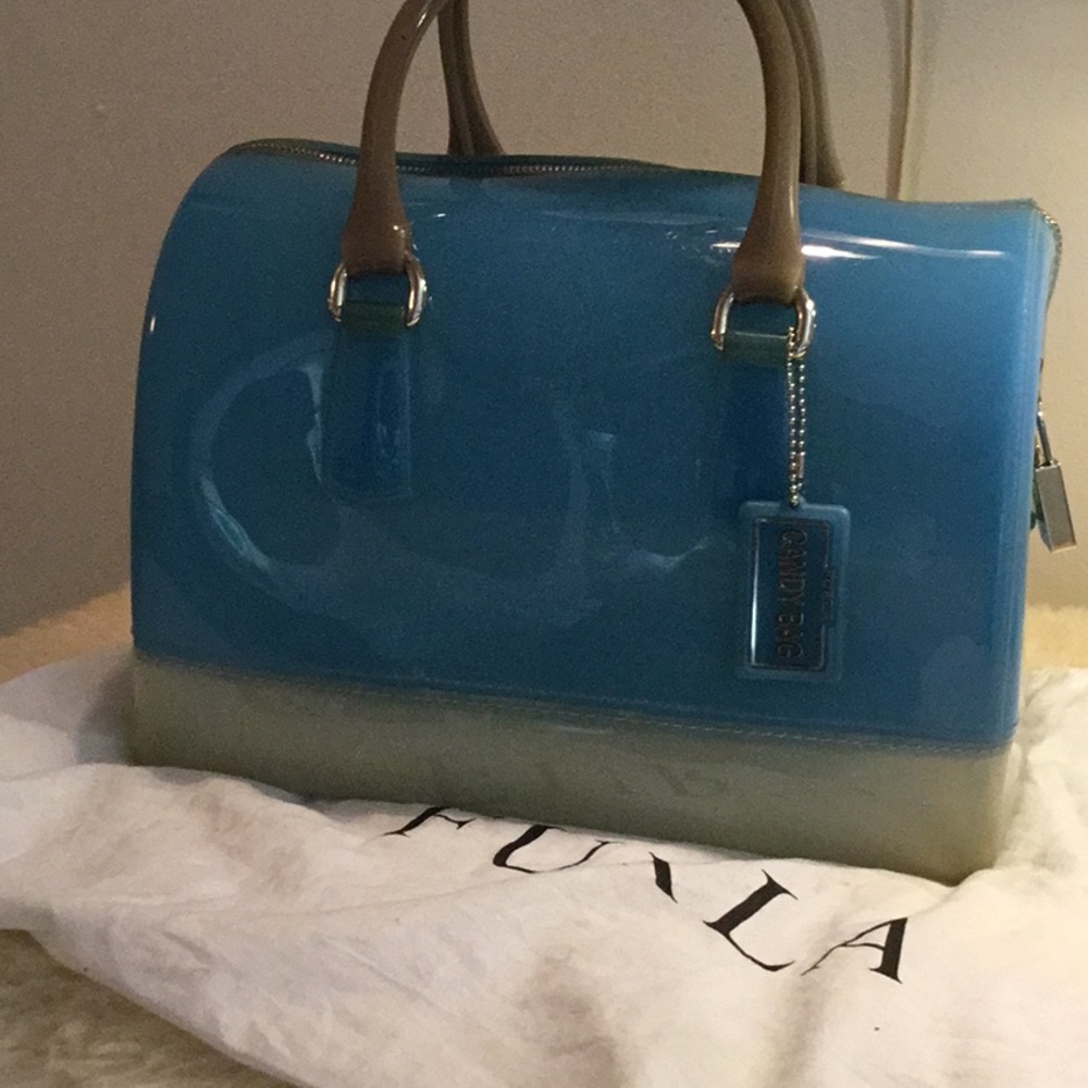Furla jelly “candy bag”.  Aqua with beige